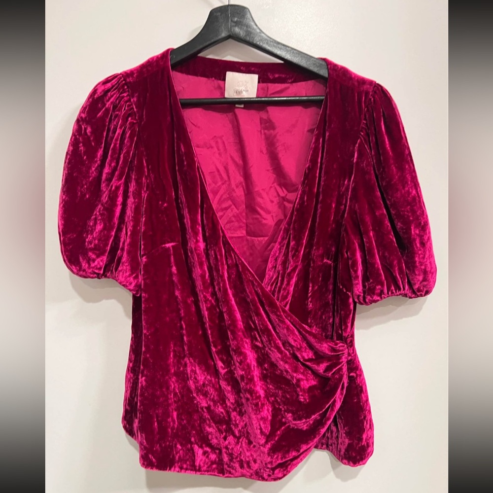 Cinq à Sept Velvet Wrap Blouse in Deep Pink Theo Puff Short Sleeves Top
